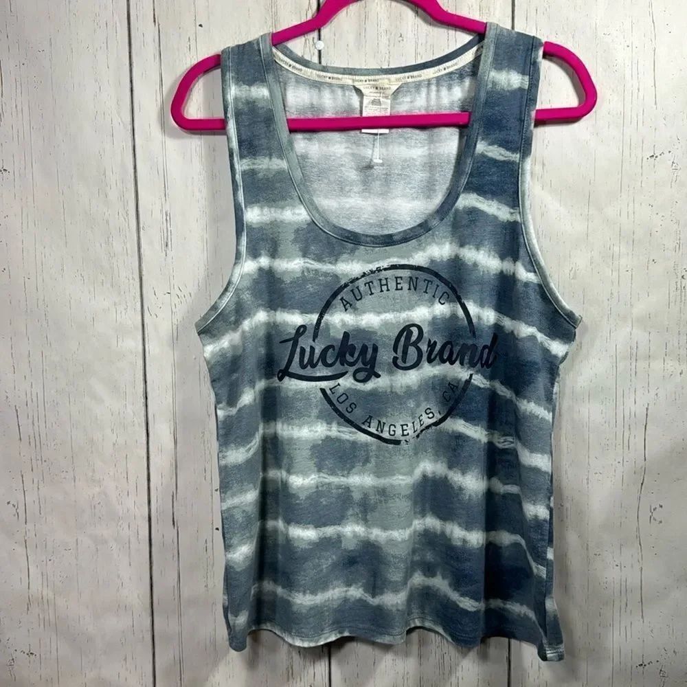 Lucky Brand Tie Dye Logo Tank Top XXL Blue Gray Sleeveless Boho Stretch Y2K